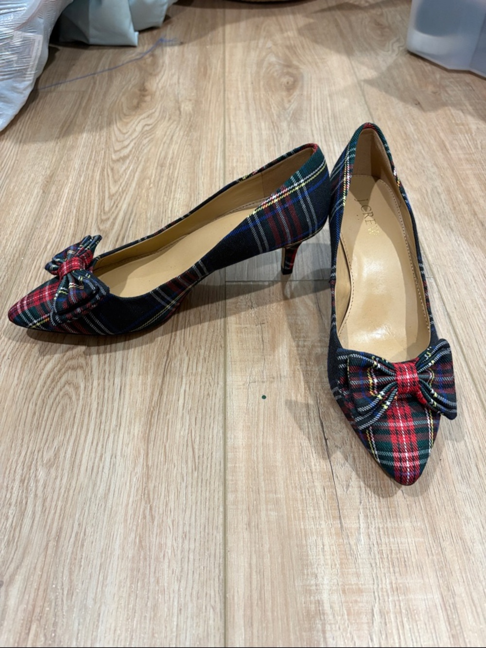 J Crew Pointed Toe Plaid Bow Kitten Heel Pumps - Red Multi 6.5